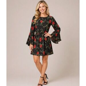 Boho Floral Wrap Dress Black Red Rose Bell Sleeve Tie Waist M NWT